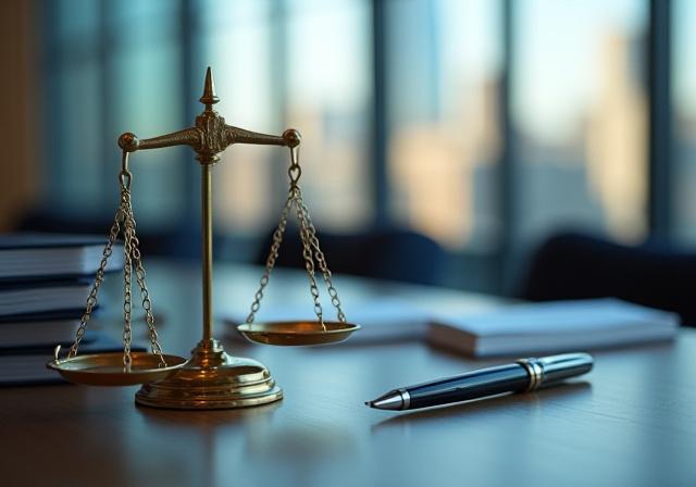 Professional legal consultation desk with documents and golden scales of justice